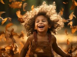 emotional dynamic pose Brazilian kid in autumn AI Generative photo