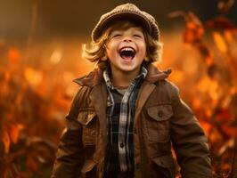 emotional dynamic pose Brazilian kid in autumn AI Generative photo