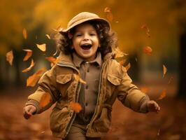 emotional dynamic pose Brazilian kid in autumn AI Generative photo