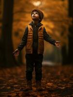 emotional dynamic pose Brazilian kid in autumn AI Generative photo