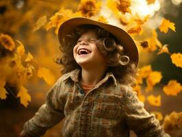 emotional dynamic pose Brazilian kid in autumn AI Generative photo