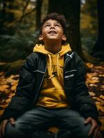 emotional dynamic pose Brazilian kid in autumn AI Generative photo