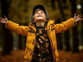 emotional dynamic pose Brazilian kid in autumn AI Generative photo