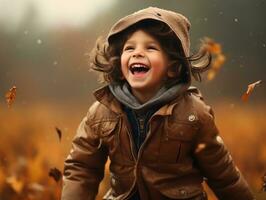 emotional dynamic pose Brazilian kid in autumn AI Generative photo