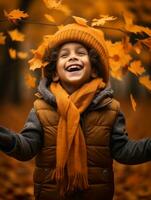 emotional dynamic pose Brazilian kid in autumn AI Generative photo