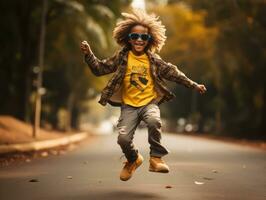 emotional dynamic pose Brazilian kid in autumn AI Generative photo