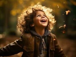 emotional dynamic pose Brazilian kid in autumn AI Generative photo