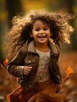 emotional dynamic pose Brazilian kid in autumn AI Generative photo