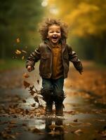 emotional dynamic pose Brazilian kid in autumn AI Generative photo