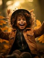 emotional dynamic pose Brazilian kid in autumn AI Generative photo