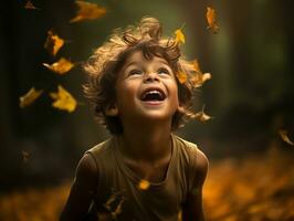 emotional dynamic pose Brazilian kid in autumn AI Generative photo