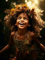 emotional dynamic pose Brazilian kid in autumn AI Generative photo