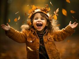 emotional dynamic pose Brazilian kid in autumn AI Generative photo