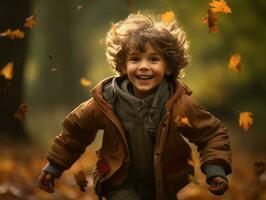 emotional dynamic pose Brazilian kid in autumn AI Generative photo