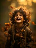 emotional dynamic pose Brazilian kid in autumn AI Generative photo