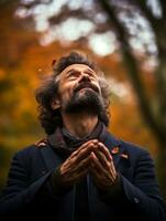 photo of emotional dynamic pose Brazilian man in autumn AI Generative