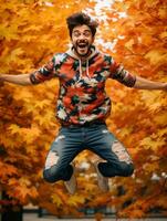 photo of emotional dynamic pose Brazilian man in autumn AI Generative