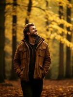 photo of emotional dynamic pose Brazilian man in autumn AI Generative