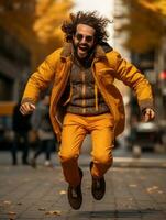 photo of emotional dynamic pose Brazilian man in autumn AI Generative