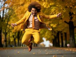 photo of emotional dynamic pose Brazilian man in autumn AI Generative