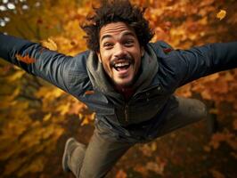 photo of emotional dynamic pose Brazilian man in autumn AI Generative