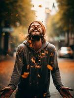 photo of emotional dynamic pose Brazilian man in autumn AI Generative