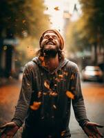 foto de emocional dinámica actitud brasileño hombre en otoño ai generativo