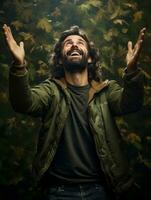 photo of emotional dynamic pose Brazilian man in autumn AI Generative