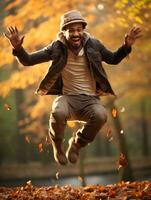 photo of emotional dynamic pose Brazilian man in autumn AI Generative