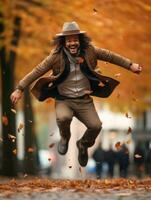 photo of emotional dynamic pose Brazilian man in autumn AI Generative