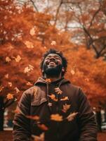 photo of emotional dynamic pose Brazilian man in autumn AI Generative