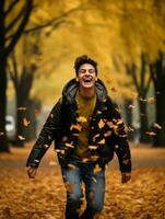 photo of emotional dynamic pose Brazilian man in autumn AI Generative