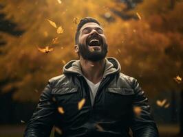 photo of emotional dynamic pose Brazilian man in autumn AI Generative