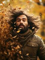 photo of emotional dynamic pose Brazilian man in autumn AI Generative