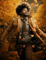 photo of emotional dynamic pose Brazilian man in autumn AI Generative