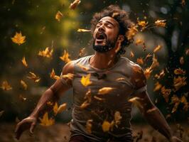 photo of emotional dynamic pose Brazilian man in autumn AI Generative