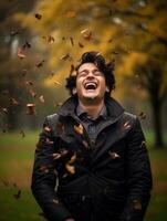 photo of emotional dynamic pose Brazilian man in autumn AI Generative