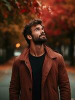 photo of emotional dynamic pose Brazilian man in autumn AI Generative