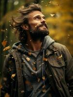 photo of emotional dynamic pose Brazilian man in autumn AI Generative