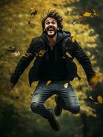 photo of emotional dynamic pose Brazilian man in autumn AI Generative