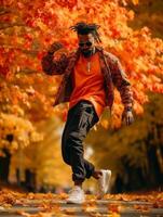 photo of emotional dynamic pose Brazilian man in autumn AI Generative