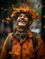 photo of emotional dynamic pose Brazilian man in autumn AI Generative