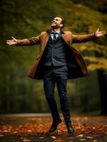 photo of emotional dynamic pose Brazilian man in autumn AI Generative