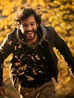 photo of emotional dynamic pose Brazilian man in autumn AI Generative