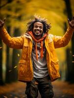 photo of emotional dynamic pose Brazilian man in autumn AI Generative