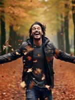 photo of emotional dynamic pose Brazilian man in autumn AI Generative