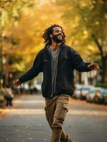 photo of emotional dynamic pose Brazilian man in autumn AI Generative