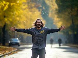 photo of emotional dynamic pose Brazilian man in autumn AI Generative
