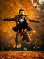 photo of emotional dynamic pose Brazilian man in autumn AI Generative