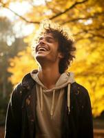 foto de emocional dinámica actitud brasileño hombre en otoño ai generativo